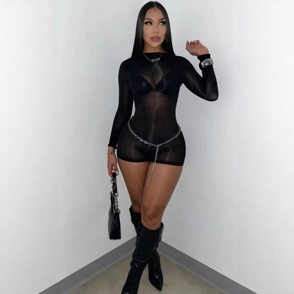 

Sexy Shiny Bodysuit Bodycon Jumpsuit Women Mesh Black See-through Outfit 2026 Spring New Ventilate Skinny Bodycon Club Skirt