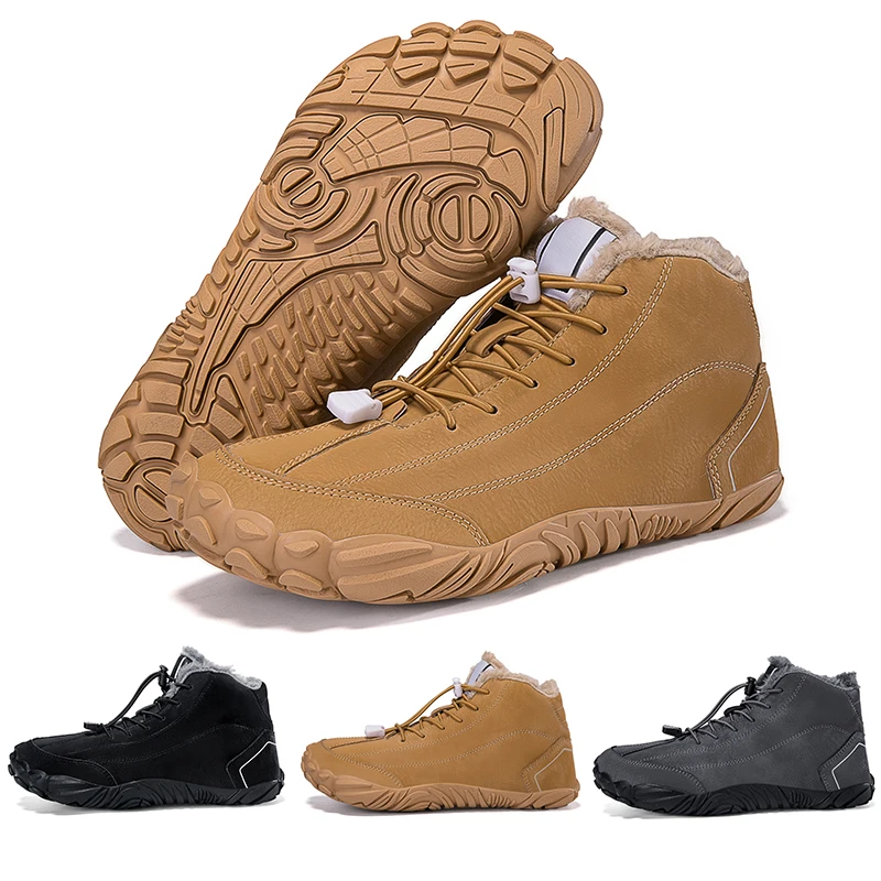 

Men's Barefoot Winter Hiking Boots Waterproof Snow Ankle Boots Plush Warm Men Minimalist Sneakers Zero Drop Soft Sole Work Boots