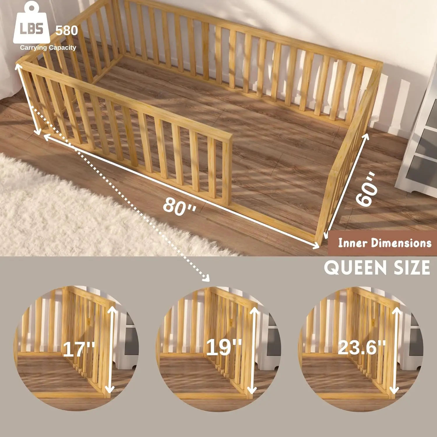 Montessori Floor For Kids | Toodlers Floor With Safety Guardrails | Pine Wood Baby  | Sturdy Wood Frame