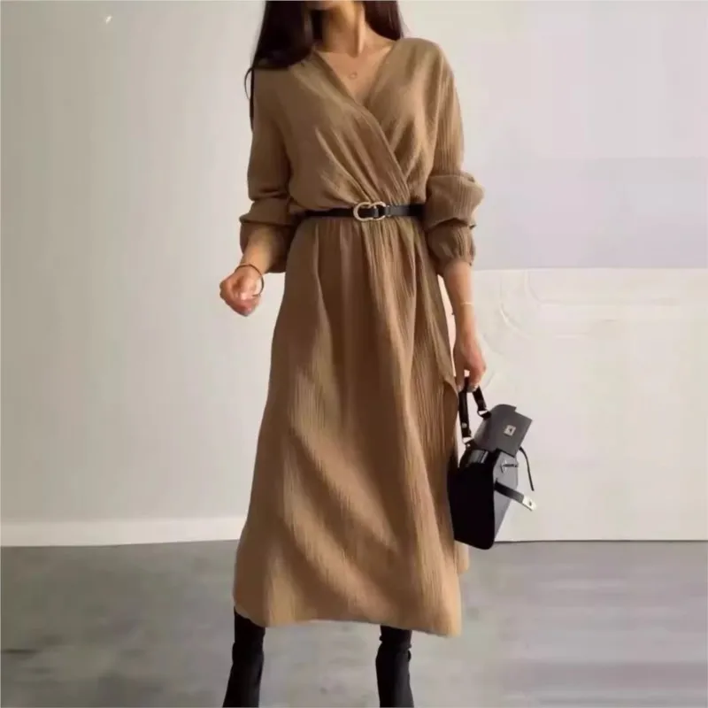 

Solid Color V-neck High-waist Commuter Dress For Women Elegant Long-sleeved Pleated Party Dress Autumn Casual Slit Long Skirt