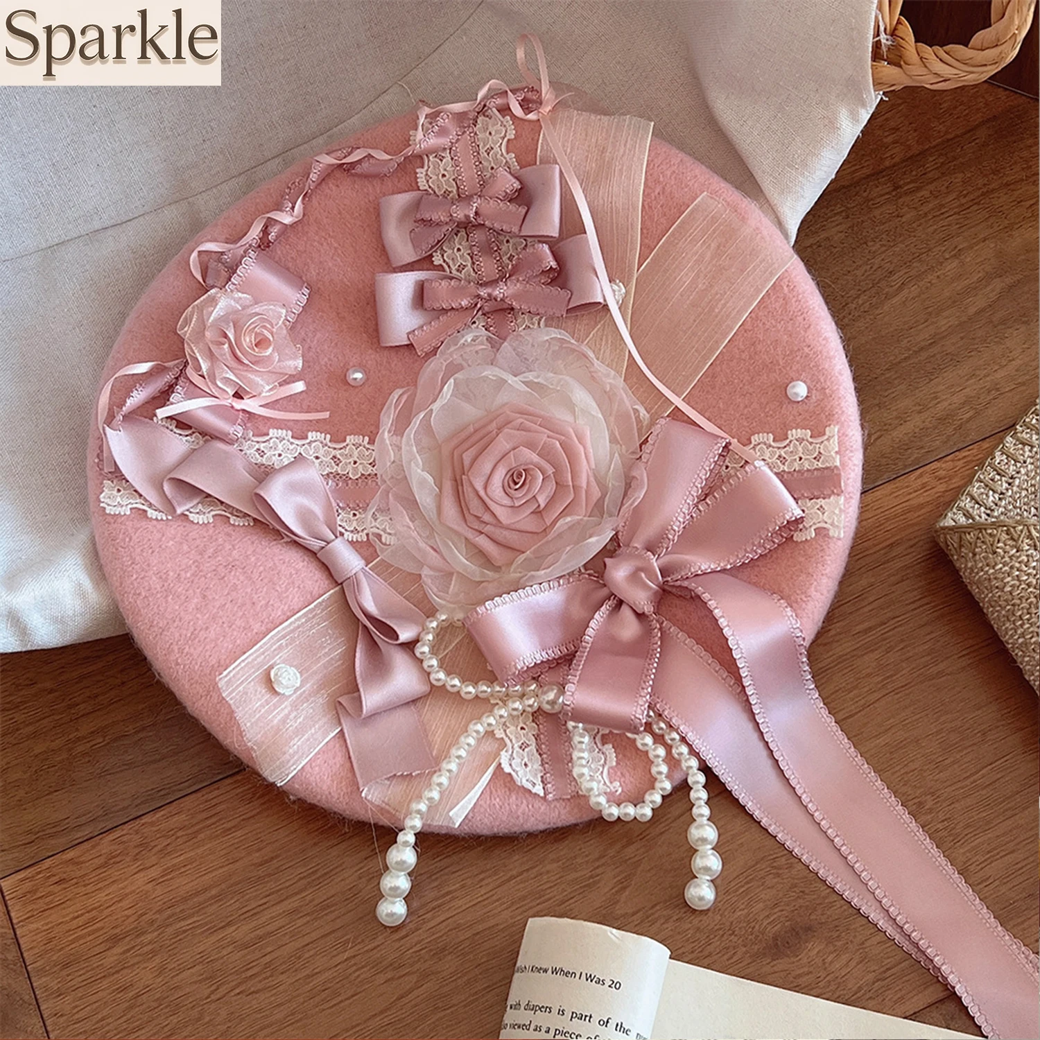 

Sweet Pink Lolita Beret Hat with Lace Bow And Rose Flower Decor Kawaii Accessory for Sweet Lolita Cosplay And Fashion