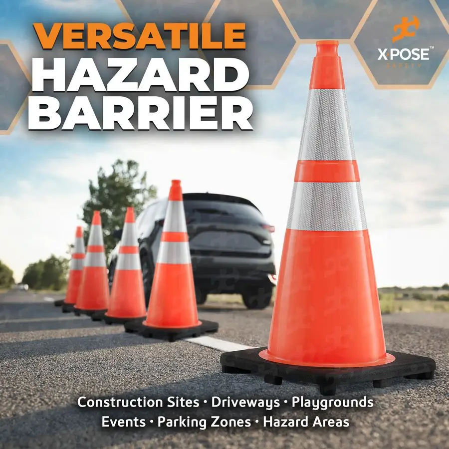 Cônes de sécurité orange de 28 pouces avec 6 ampères et 4 colliers, paquet de 6 cônes de sécurité polyvalents en plastique PVC pour le stationnement, le football et l'avertissement