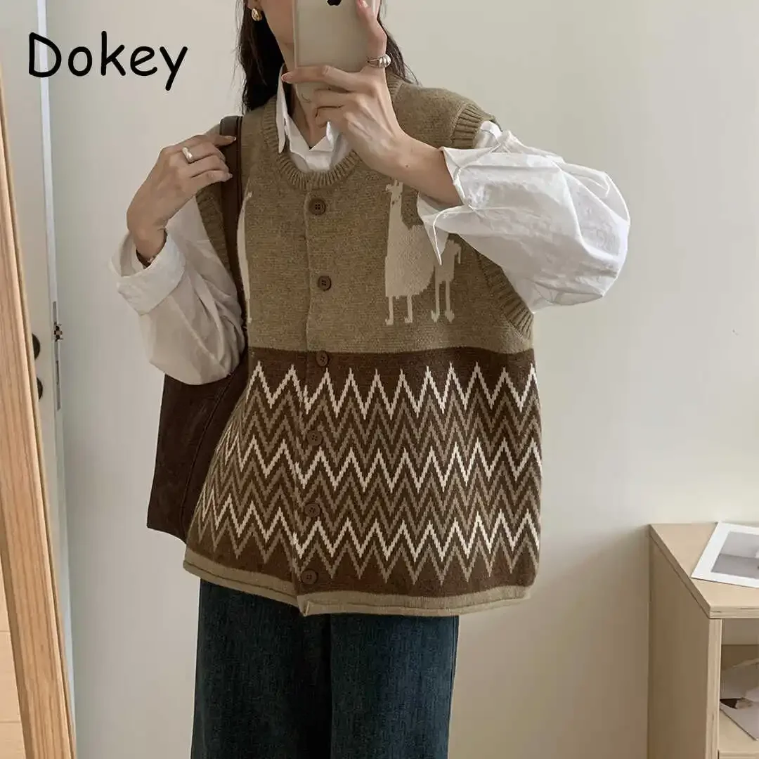 Vintage Bohemia National Style Knitted Sweater Vest Women Autumn Japanese Mori Girl O-neck Sleeveless Cardigan Top Ropa De Mujer