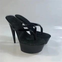 Stylish black 15cm princess flip-flops, sexy nightclub heels, 6-inch stilettos, summer slippers