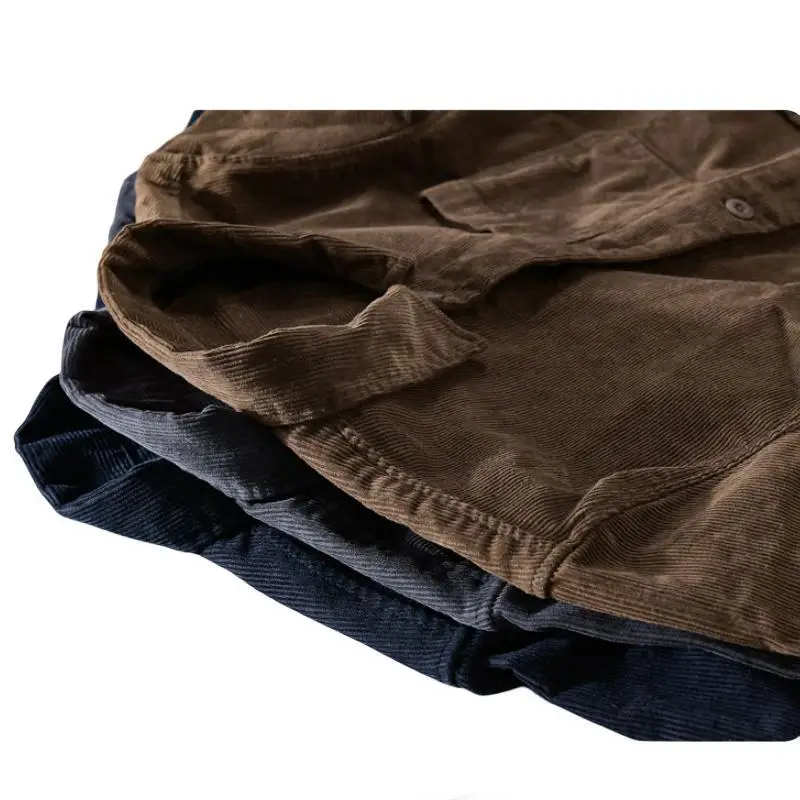 Jesienno-zimowe solidne kolorowa bawełniana 100% koszule męskie sztruksowe ubrania Casual Slim Fit z wieloma kieszeniami klapy męskie z długim