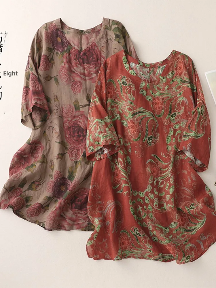 Retro Print Linen T-irt Women's Summer Loose Casual Five-Quarter Sve Thin Cotton Linen irt Top Mid-Length Svel