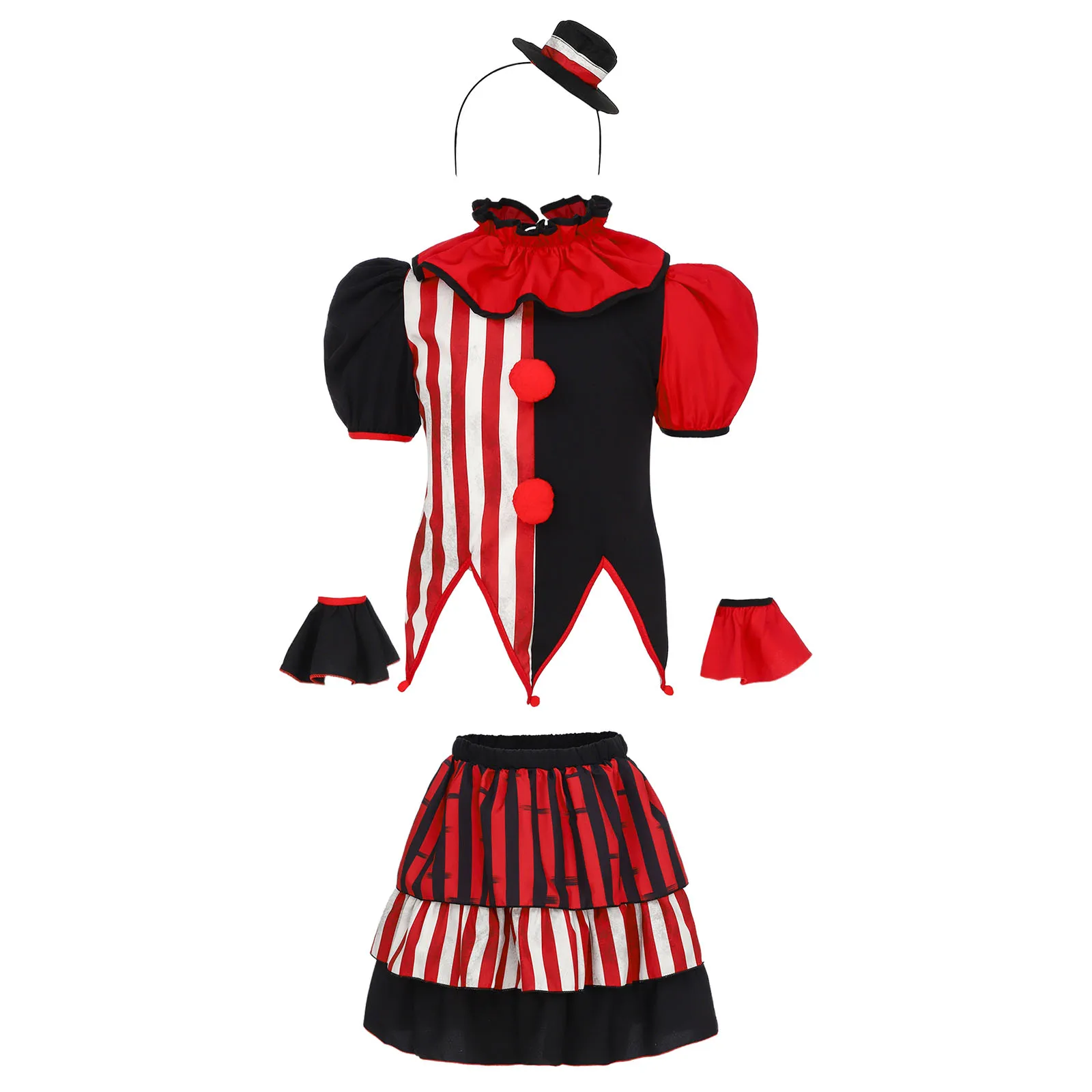 Sukienki dla dziewczynek, klaun, cyrk, paski, karnawał, występ, przebranie na Halloween, kostium cosplay, falbana z ząbkowanym brzegiem, warstwowa spódnica z falbanami