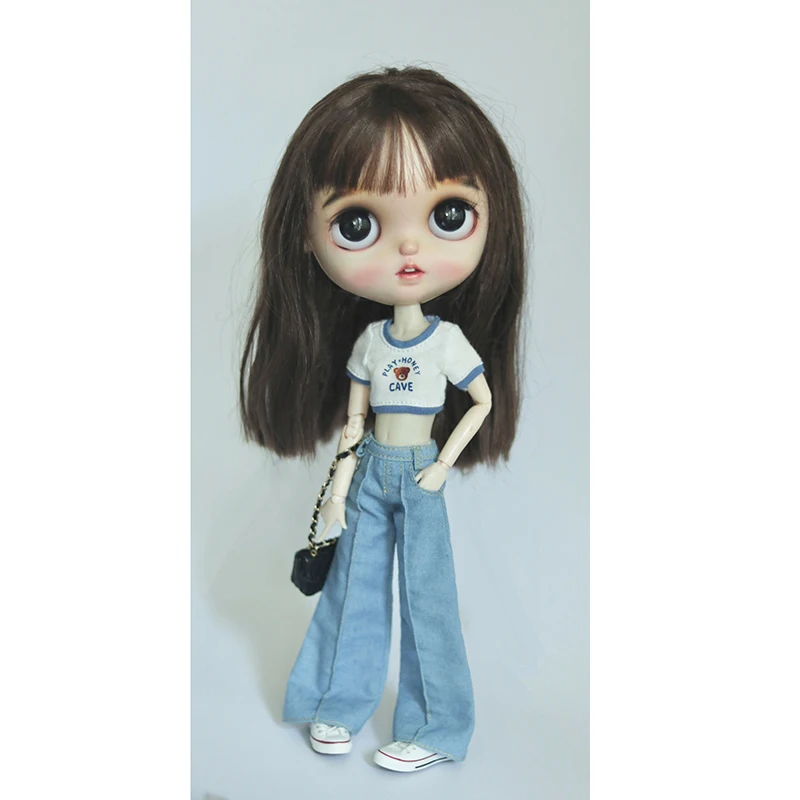 DLBell Round Neck Tight Shirts Crop Tops Short Sleeve T-shirt and Wide Leg Jeans Streetwear for Blythe Azone OB24 Doll Clothes