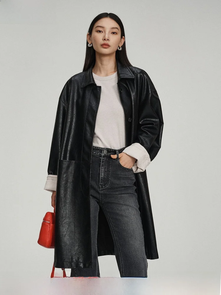 

Весна 2026: Длинная женская куртка из искусственной кожи с воротником, ветрозащитная, повседневная, модная, удобная, для молодежи, на каждый день