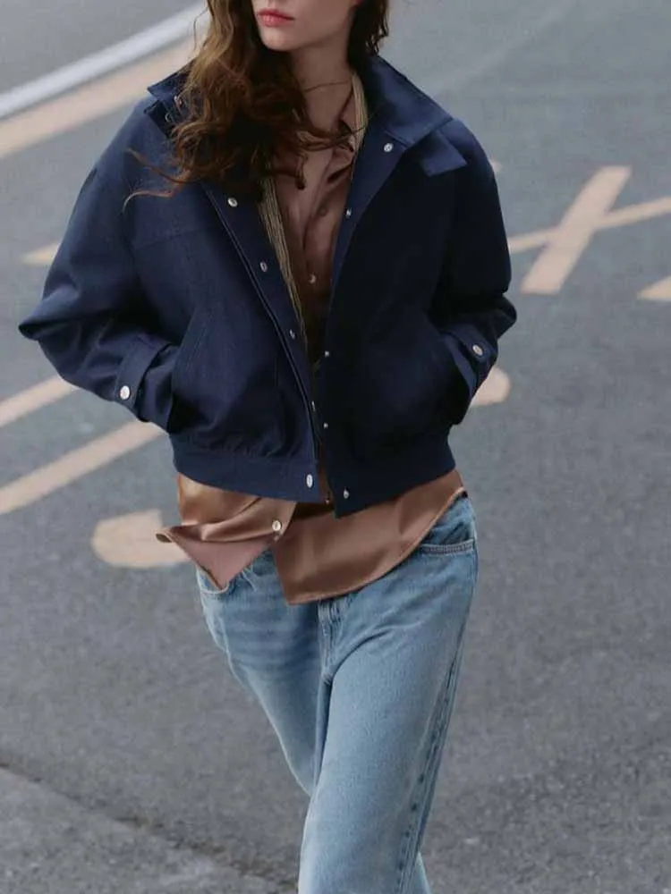 

European and American style winter new fashion trend simple women's clothing versatile casual stand collar pilot jacket coat