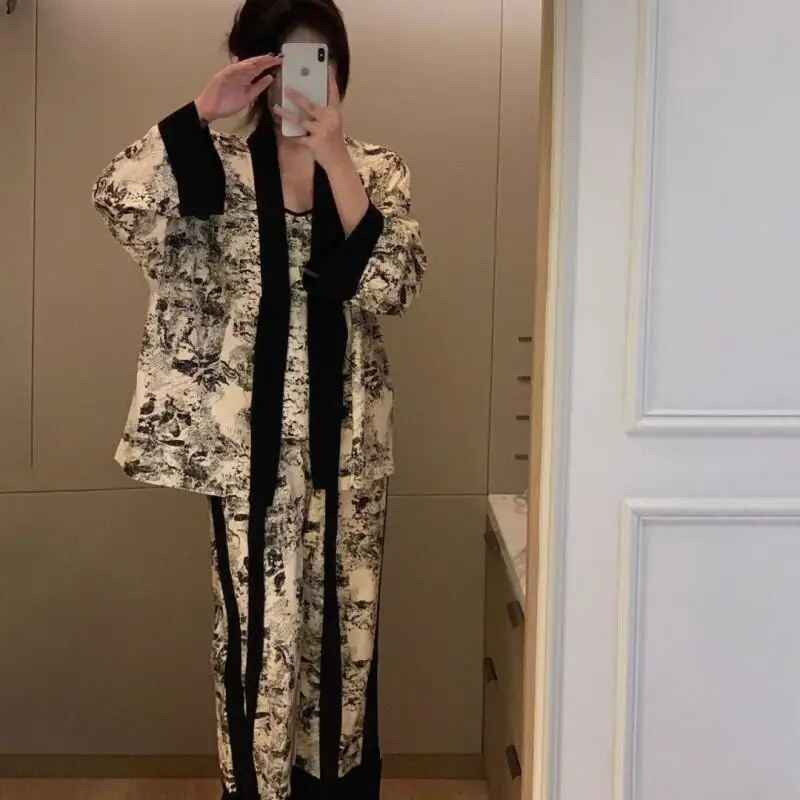 

Пижамный комплект Ins, корейская одежда для сна, женские осенне-зимние брюки с длинными рукавами, новые высококачественные весенние домашние пижамы на шнуровке с чернильным принтом, теплые