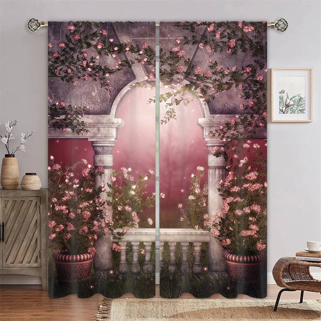 3D Classic Gothic Style Pink Rose Floral Curtains 2 Panel European Luxury Home Living Room Bedroom Decorative Curtains