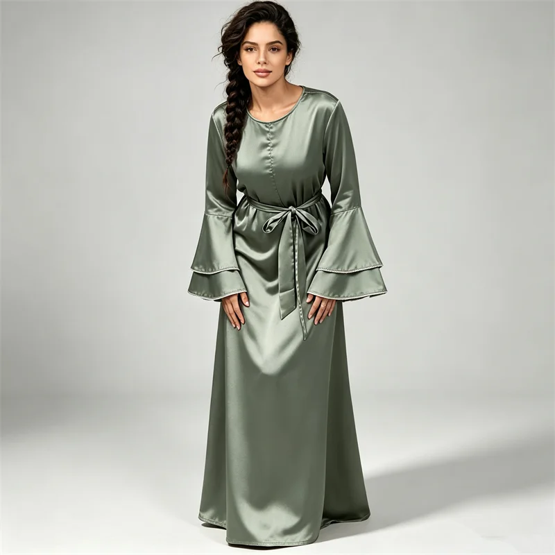 Eid Djellaba Satin Ruffles Abayas for Women Muslim Flare Sleeves Dress Dubai Kaftan Islam Clothing Turkey Ramadan Caftan Vestido