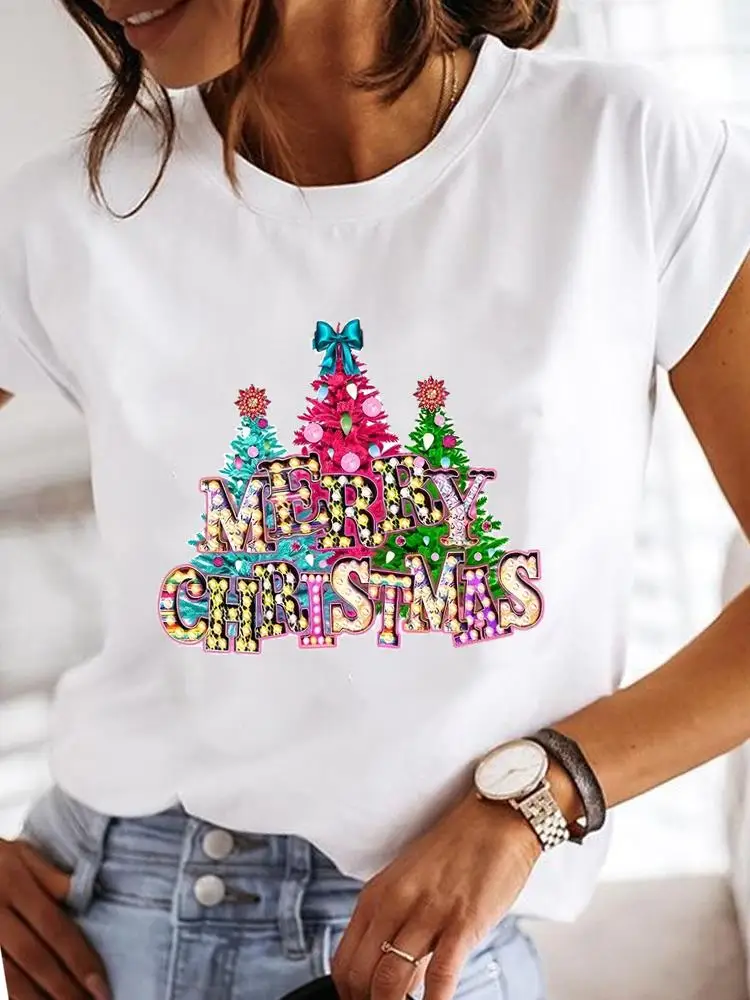 Festival Trend Cute Women Fashion Merry Christmas New Year Holiday Tee Clothing Print Graphic Short Sleeve T Female T-shirts