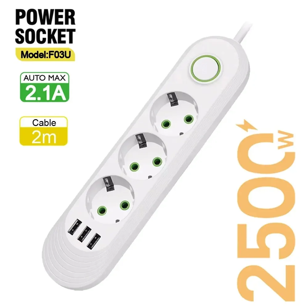 2500W EU Plug AC Outlet Multiprise Power Strip 2m Extension Cord Electrical Socket Network Filter With USB Ports Fast Charging