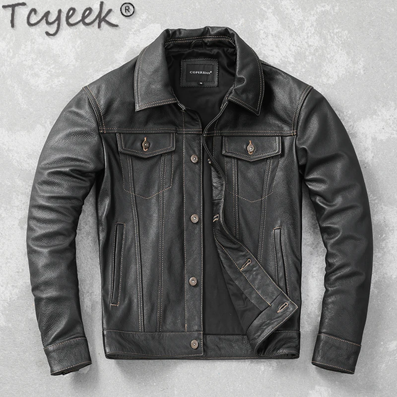 Tcyeek Genuine Leather Jacket for Men Top Layer Cowhide Coats Spring Autumn Leather Coat Casual Mens Jackets Jaqueta Masculina