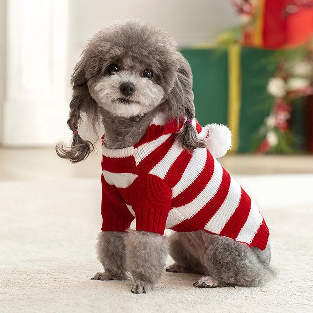 Classical Dog Cat Sweater Warm Winter Puppy Dogs Clothes With Hat Striped Christmas Jacket Coat Pug Yorkies Yorkshire Clothing