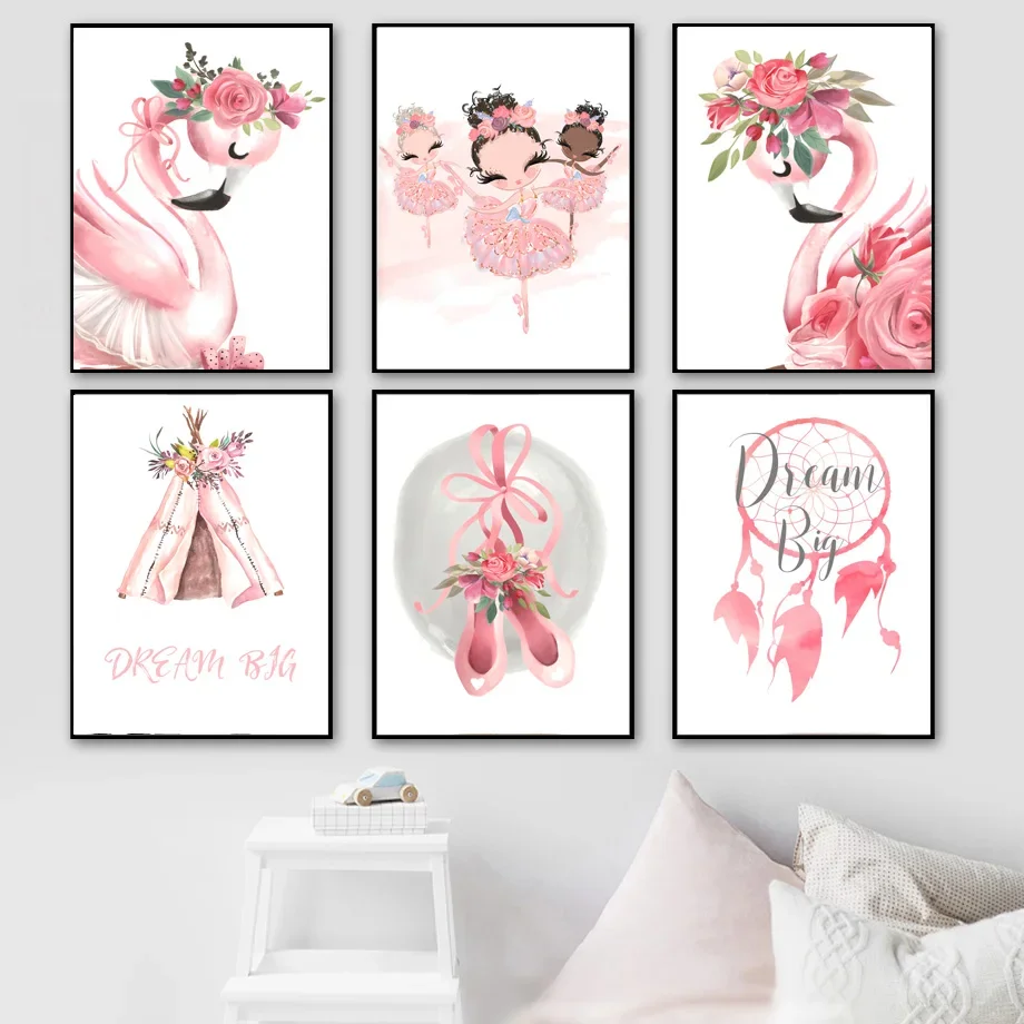 Ballet Girl Flamingo Flower Crown Tent Nursery Wall Art Canvas Painting Nordic Posters And Prints Wall Pictures Kids Room Decor