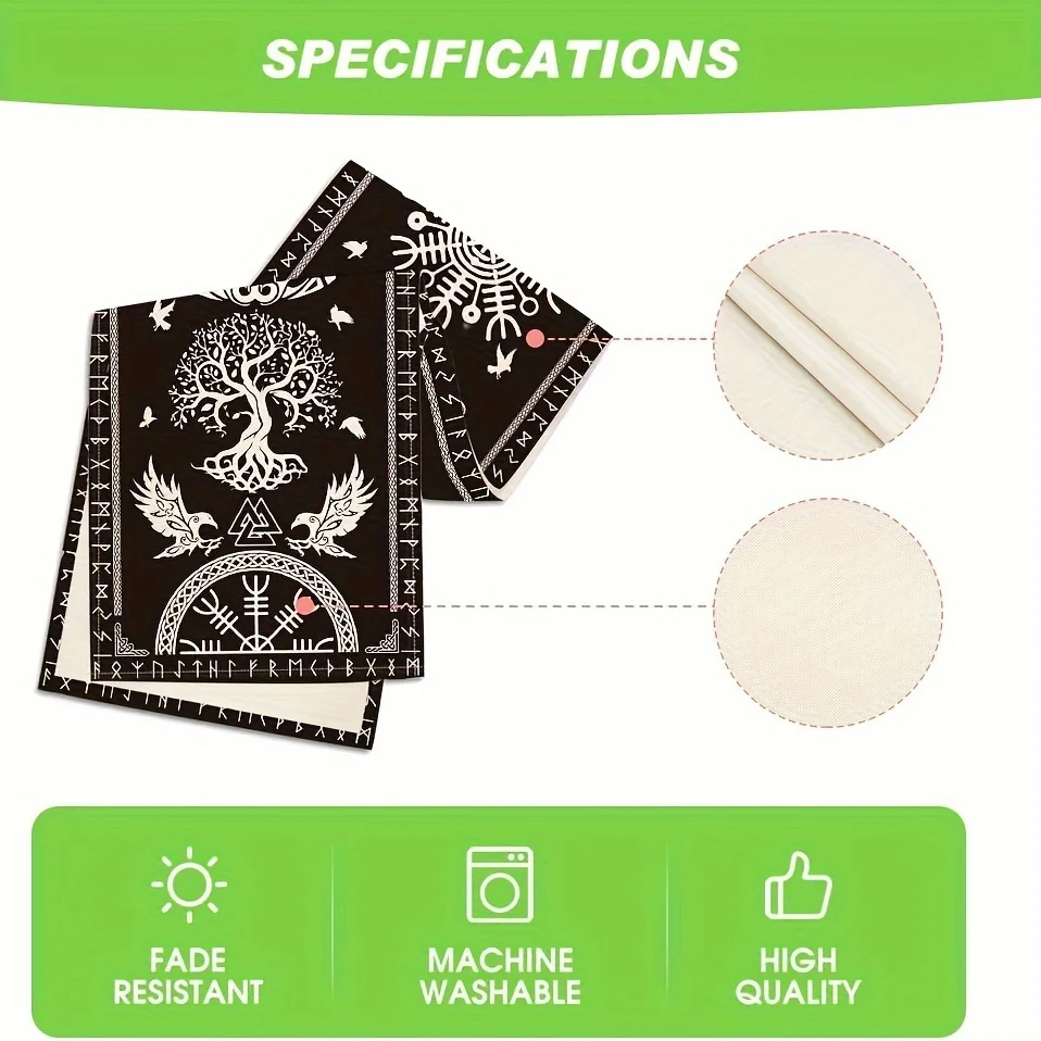 قطعة واحدة من مفرش الطاولة تحت عنوان الأساطير الاسكندنافية، شجرة عالمية، الرونية، الطواطم وأنماط العناصر الأسطورية الأخرى، مناسبة للحفلات ذات الطابع الاسكندنافي، ديكورات المقهى المتحمسين الأسطوريين، والديكورات الثقافية والأنشطة الثقافية الإبداعية