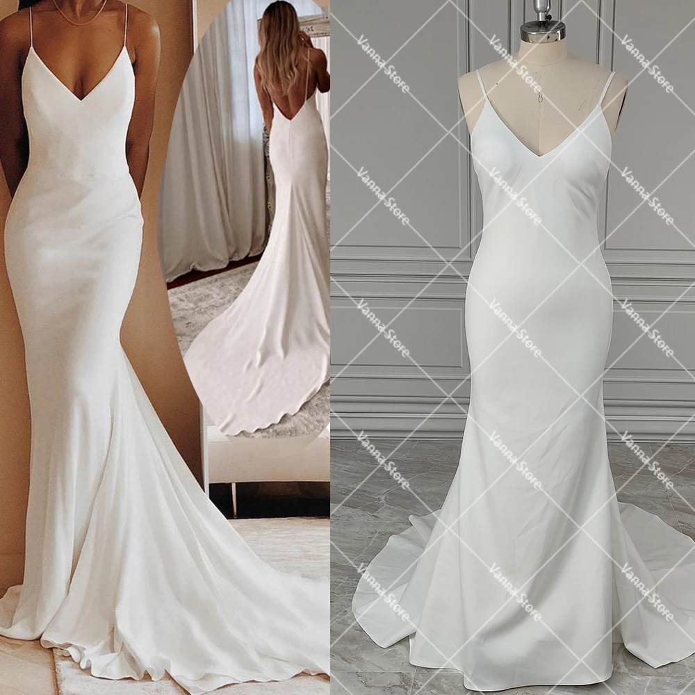 Cintas de espaguete cetim crepe vestidos de casamento fotos reais com decote em v praia sereia barato aberto volta simples vestido de noiva personalizado