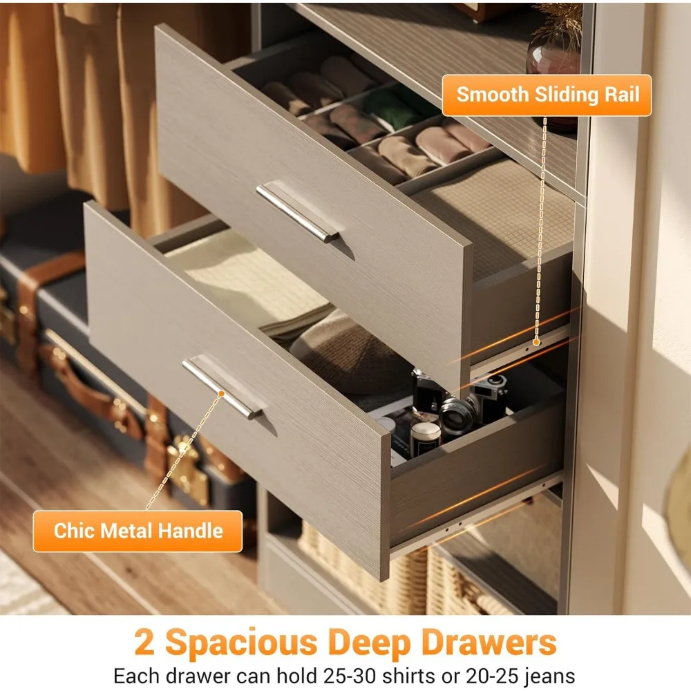 Closet Organizer System Tower with Big Wing Shelf, 60 Inch Reversible Walk in Wardrobe System with Hanging Rods, Drawers, Door