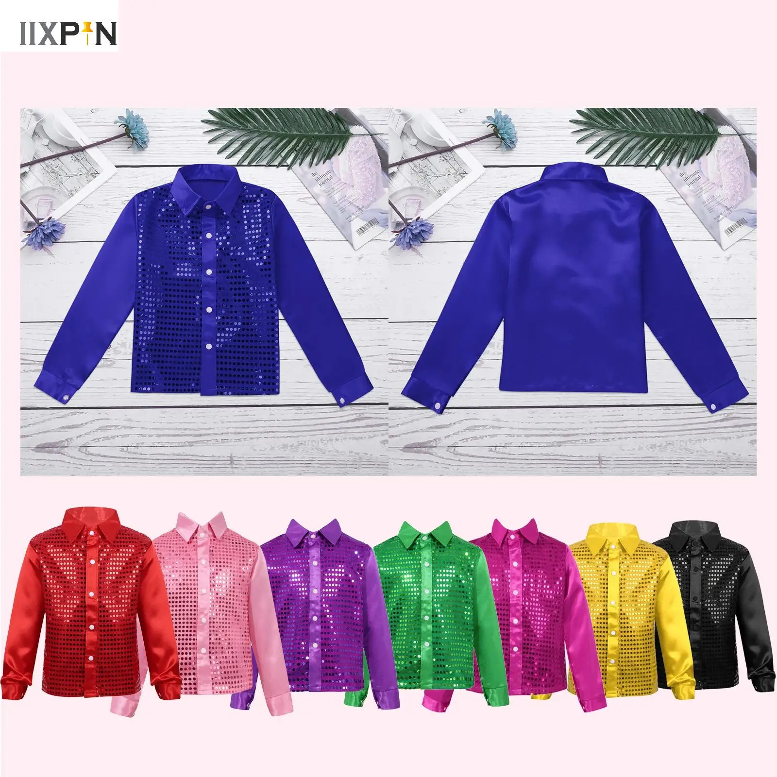 Kids Boys Shiny Sequins Shirts Modern Jazz Dance Costumes Long Sleeve Lapel Hip-hop Dance Stage Performance Street Dance Wear