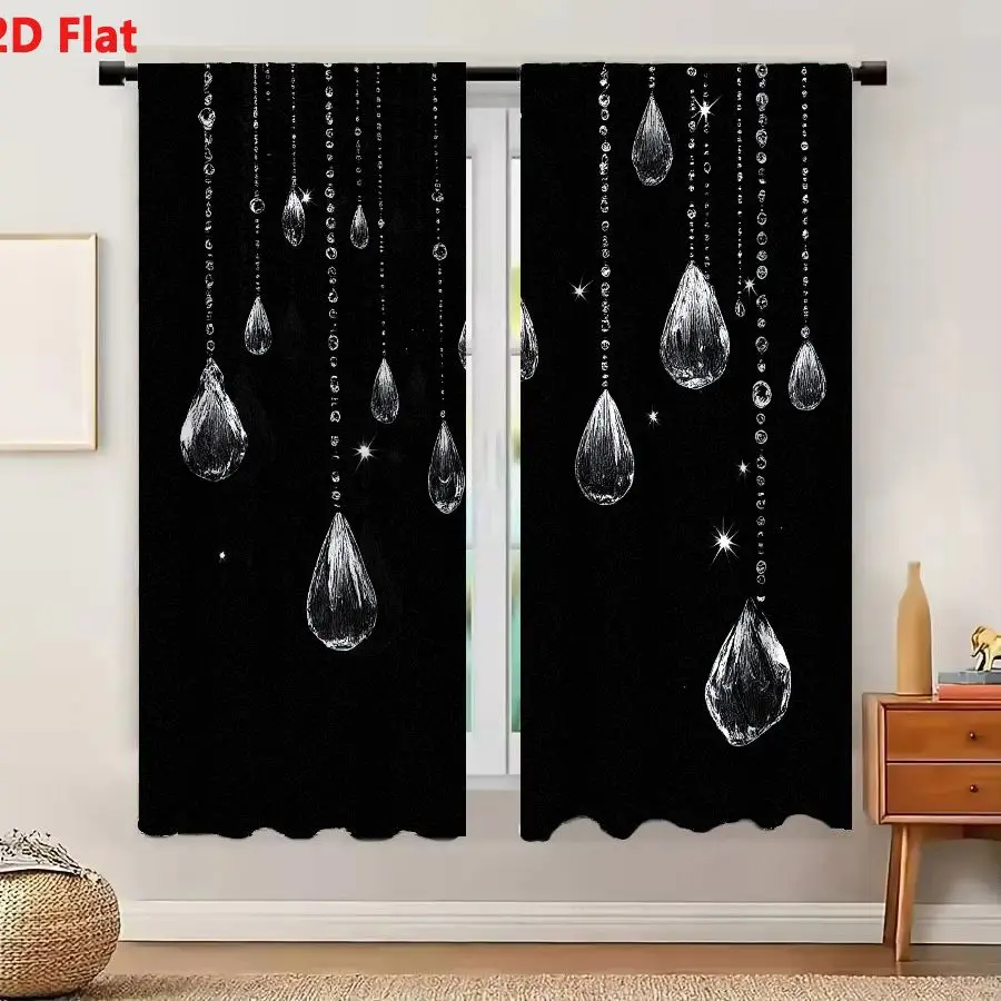 2Pcs Curtains 2D Flat Monochromatic Artistic Composition Featuring Cascading Crystal Beads And Glassy Teardrop Droplets Against