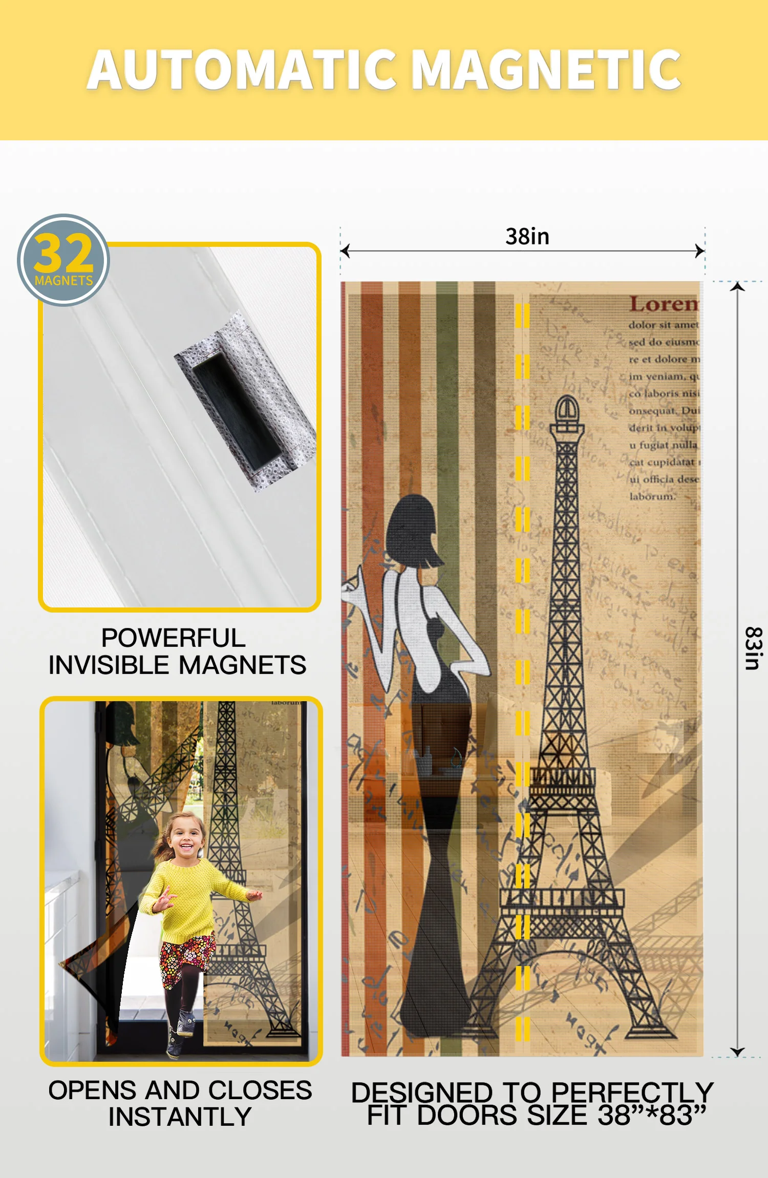 Eiffel Retro Style Summer Magnetic Screen Door Curtains Mosquito Net Door Curtain for Bedroom Kitchen Door Screens