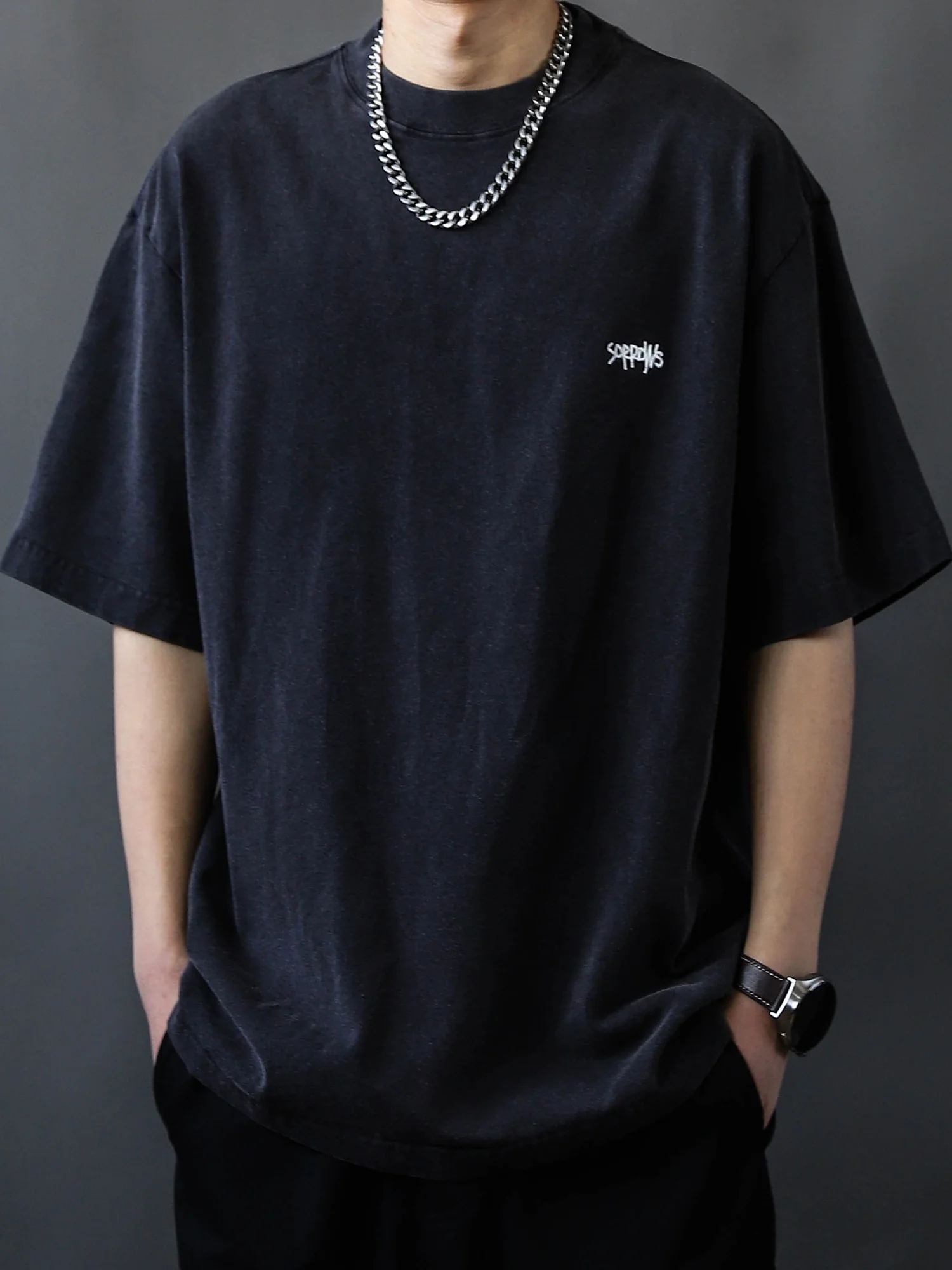 

Retro American Waed 320g Heavyweight Printed ort Sve T-irt ex Loose Bla Pure Cotton round Ne f Sve