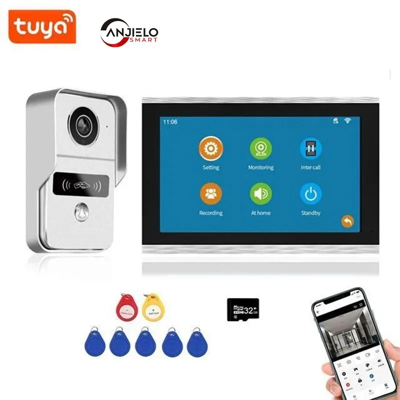 1080P 10 Inch 7 Color Touch Screen Wireless Wifi Video Doorbell Smart TUYA Home Intercom Kit for RFID Access Control System 140�