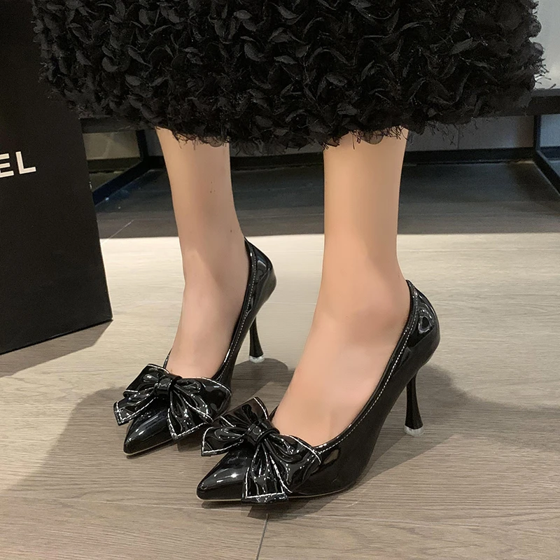 Women Heels Bowknot Pointed Toe Office Pumps Thin Heels Lightweight Wear-resistan Non-slip Korean Designer Shoes Sexy Night Club