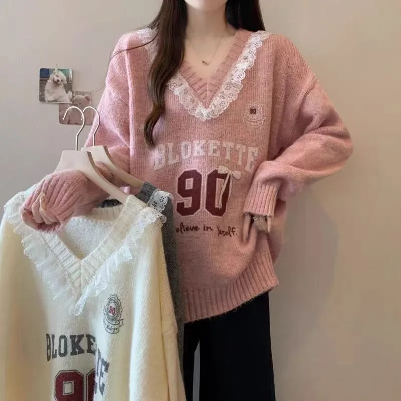 New Badge Jacquard College Retro Oversize Sweater Women Coats Chic Lace Splicing V Neck Long Sleeve Korean Warm Sweater Clothing