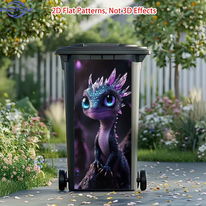 Cartoon Purple Dragon Trash Can Sticker | Cute Illustration Self-Adhesive Art Stickers, Fantasy Character, Vibrant Colors, Rem