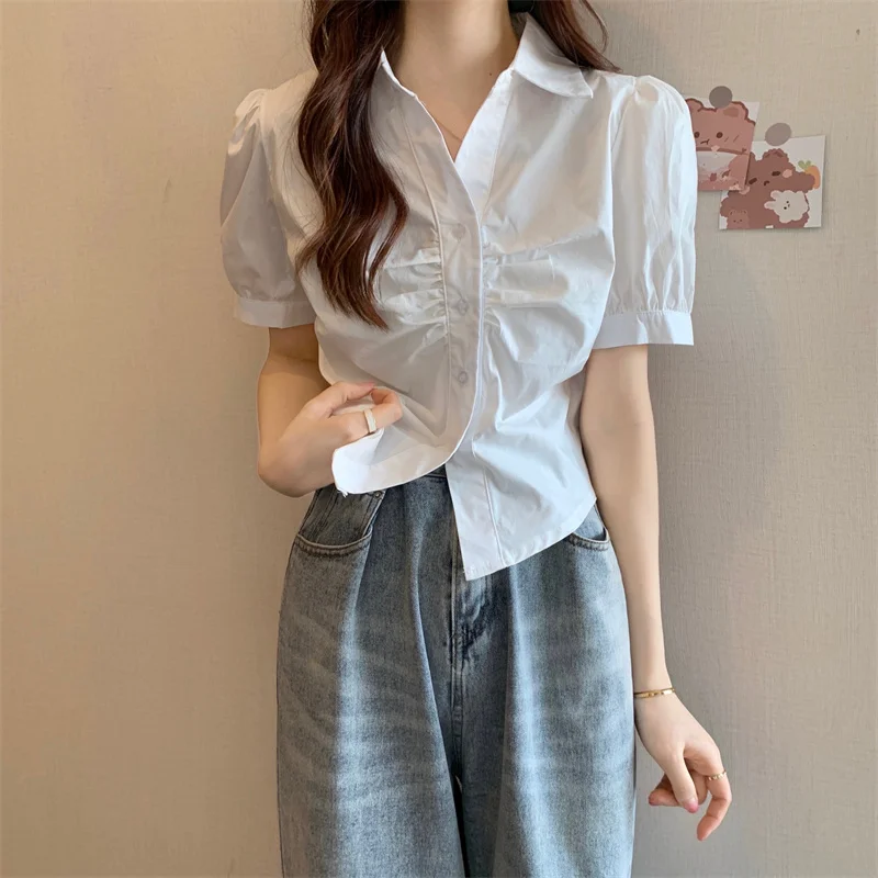 

Short Sleeve Shirts Womens l Pintuck Balloon Sleeve Slim Shirt Working Minimalist Artistic OL Lady Professional Modern Elegant