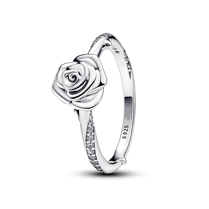 Nuovo in argento sterling 925 con fiore rosa Anello di dichiarazione per le donne Stile squisito alla moda per feste Regali di gioielli da sposa