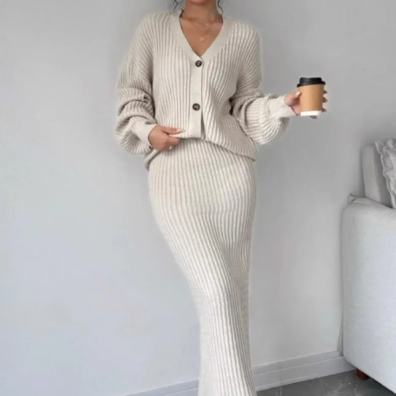 

Women's Long Sleeved Jacket Sweater V-neck Cardigan Loose Two-piece Set Solid Color Knitted Hip Skirt Set