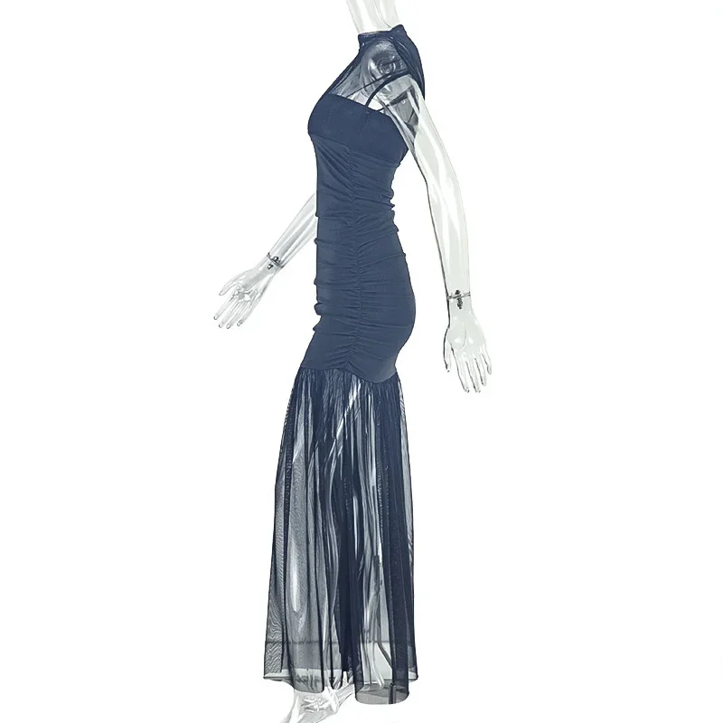 Elegant Pleated Evening Party Dresses Chic Fly Sleeve Mesh Patchwork Maxi Dress Women Summer Vacation Beach Vestidos For Women