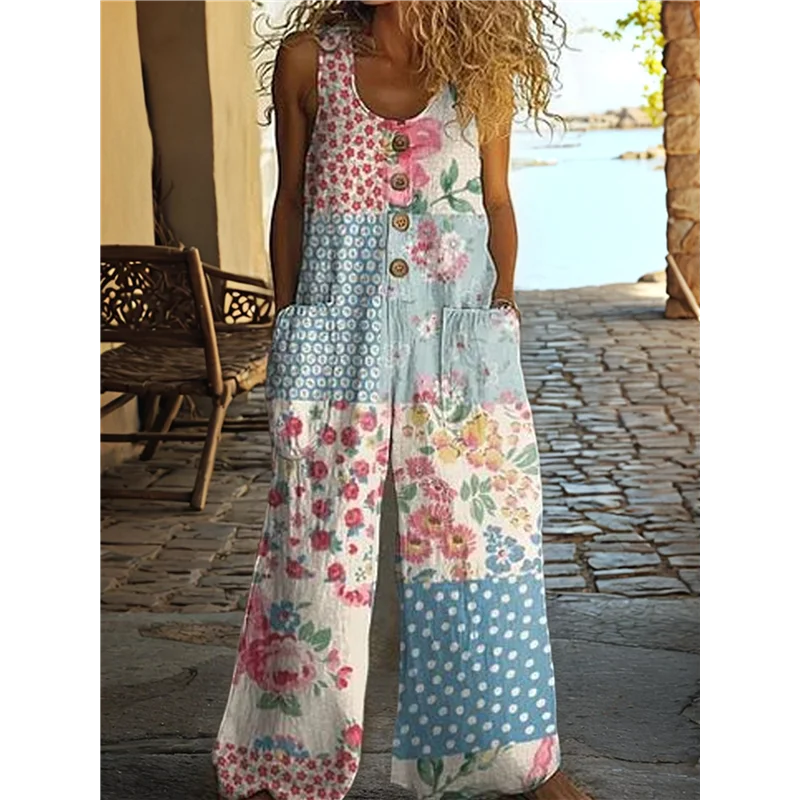ASDS-Mono informal bohemio de verano para mujer, mono de pierna ancha, peleles holgados con estampado Floral y bolsillos