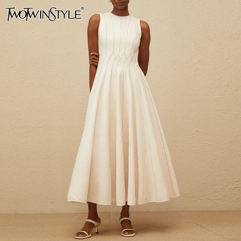 

TWOTWINSTYLE Solid Spliced Bright Line Decoration Dresses for Women Round Neck Sleeveless Patchwork Striped Elegant Dress Female