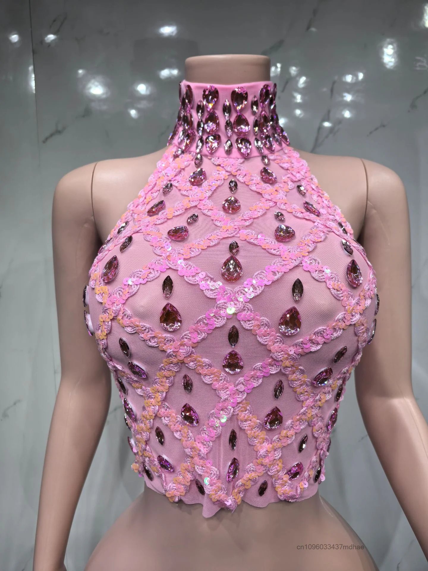 

High Collar Shiny Diamond Sleeveless Sexy Mesh See-through Plaid Evening Party Cosplay Top Strapless Hollow Out Gown