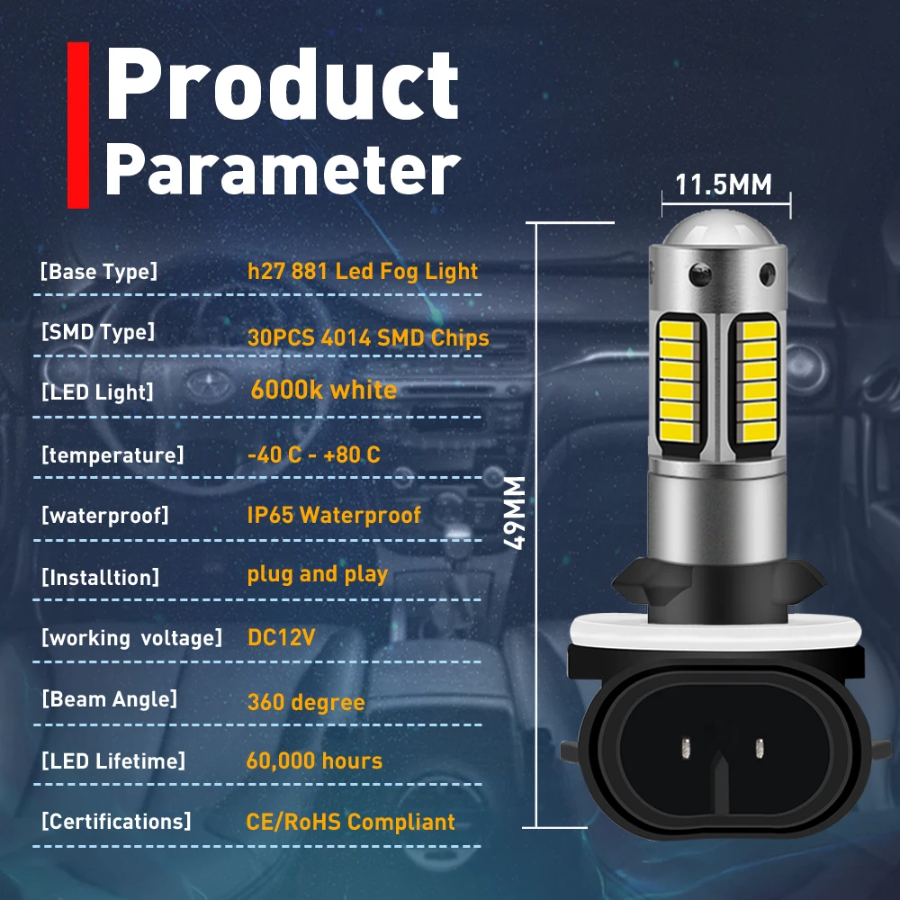 2pcs LED H27 880 881 H27W2 H27W1 Led Bulbs Car Fog Light H27W H27/1 H27/2 1200LM 6000K White Auto Driving Running Lamp DC12V DRL