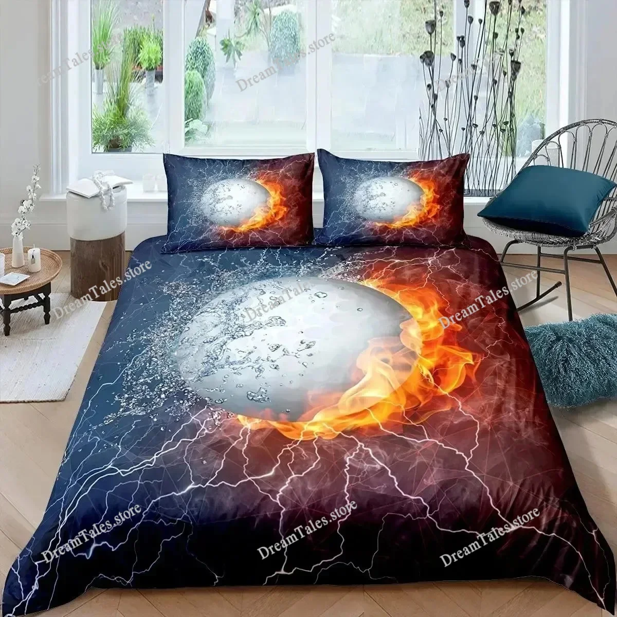 Bird Duvet Cover Set,Ice and Fire Collision Bedding Set,Trippy Wonderland Animals Comforter Cover Blue Red Quilt Bed Cover