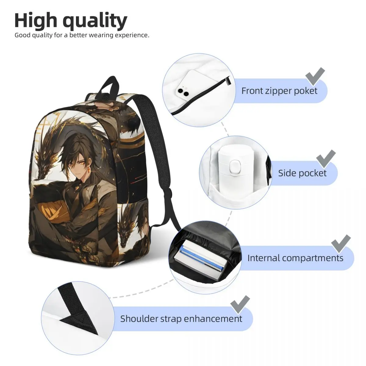 حقيبة ظهر Genshin Impact Zhongli الكلاسيكية مع جيب مدرسة الأعمال أنيمي لعبة الكرتون Daypack الرجال النساء حقائب الكمبيوتر المحمول من القماش