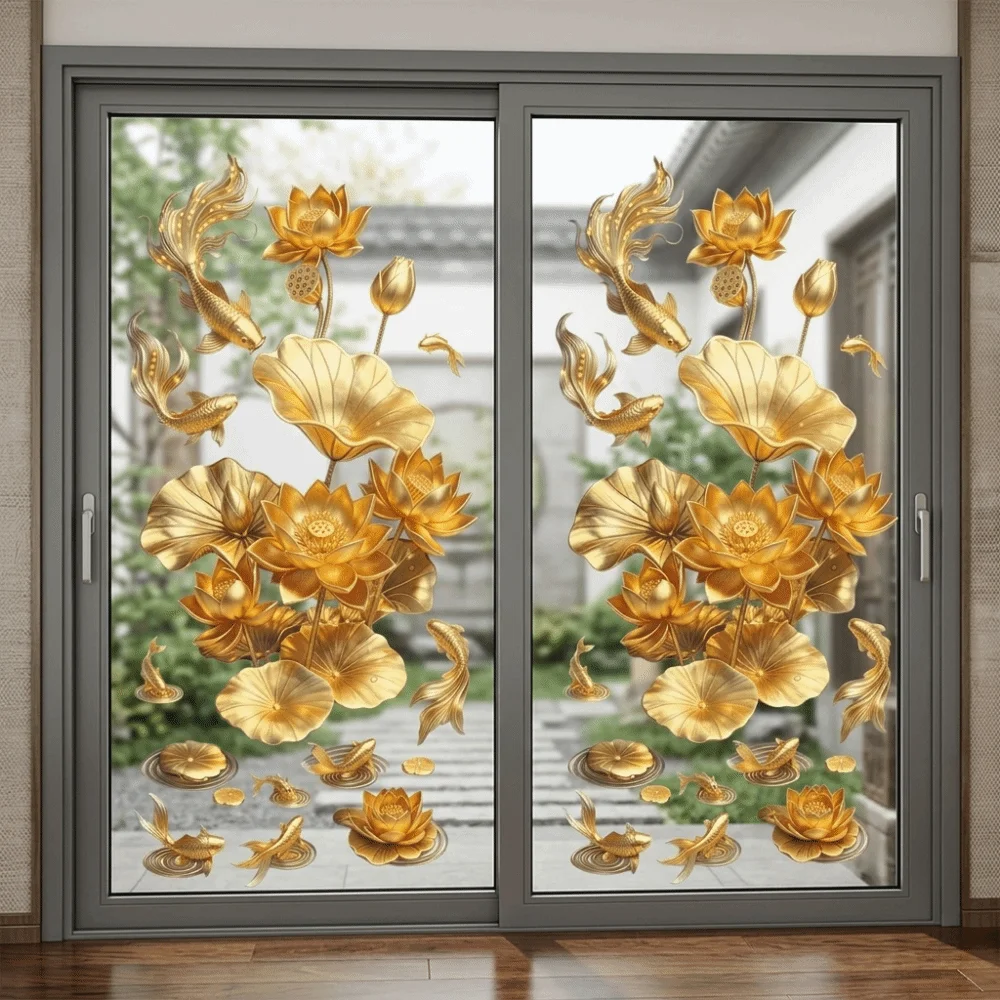 2Pcs Anti Static Flower Koi Sticker Chinese Style Waterproof Electrostatic Wall Sticker PVC Glass Window Decal Window Decoration