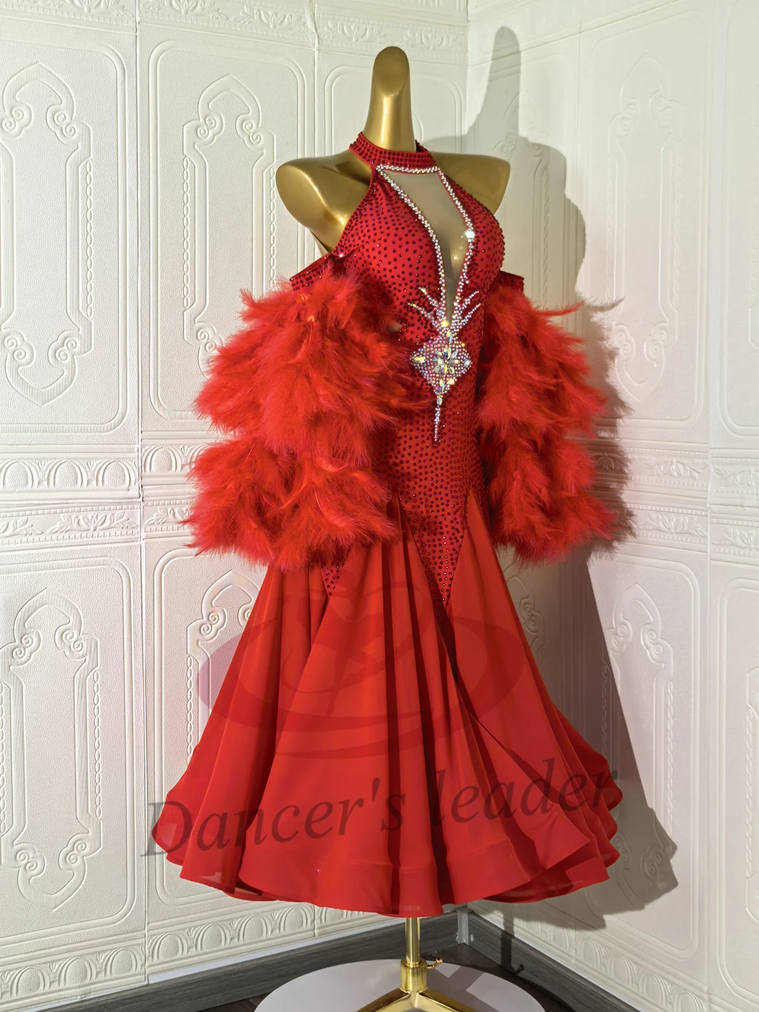 

Платье для латинских танцев для взрослых и детей AB Stone, высококачественное красное пушистое современное платье по индивидуальному заказу, женская одежда для ча-ча-танго