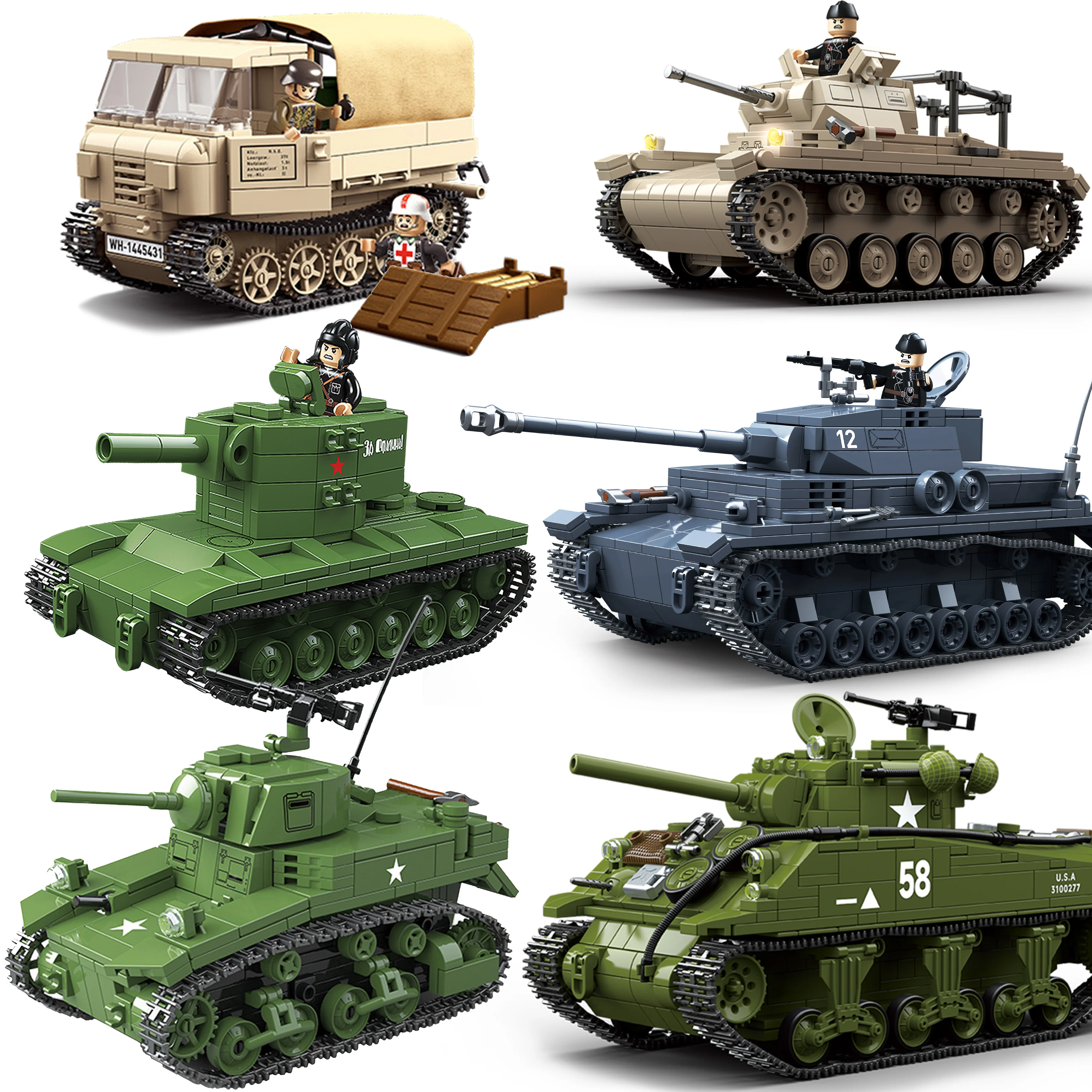 

KV2 PanzerVI Sherman Military Tanks US Army Quan Guan WW2 War Weapon Soldier Figure Model Building Block Brick kid Children Toys