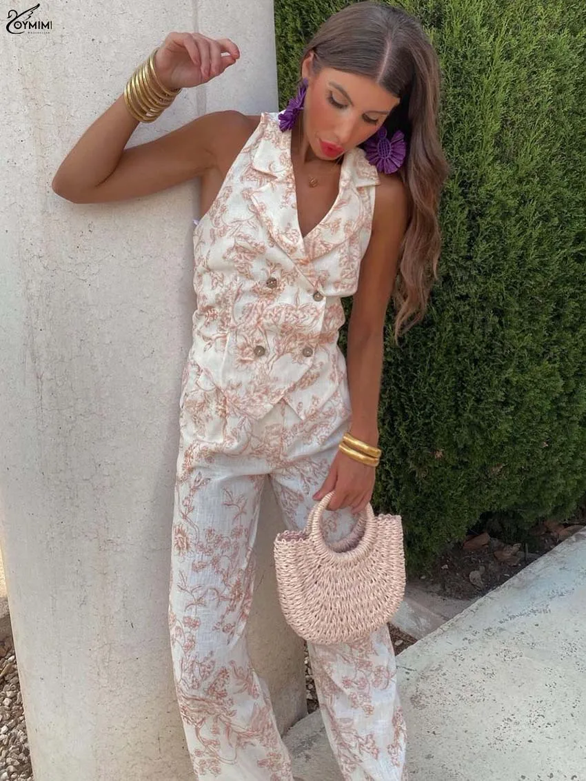 

Oymimi летние светло-оранжевые комплекты из 2 предметов с принтом, женский наряд, повседневные двубортные рубашки без рукавов с лацканами и брюки на молнии, комплекты