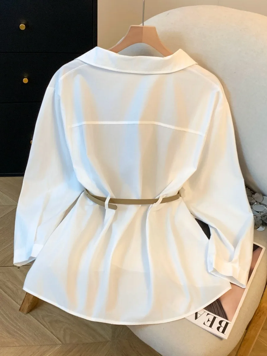 

Early Spring Commute V-neck Shirt Women's Waist Belt High-grade Sense White Shirt Atmosphere Top Loose Fit Bell Sleeve