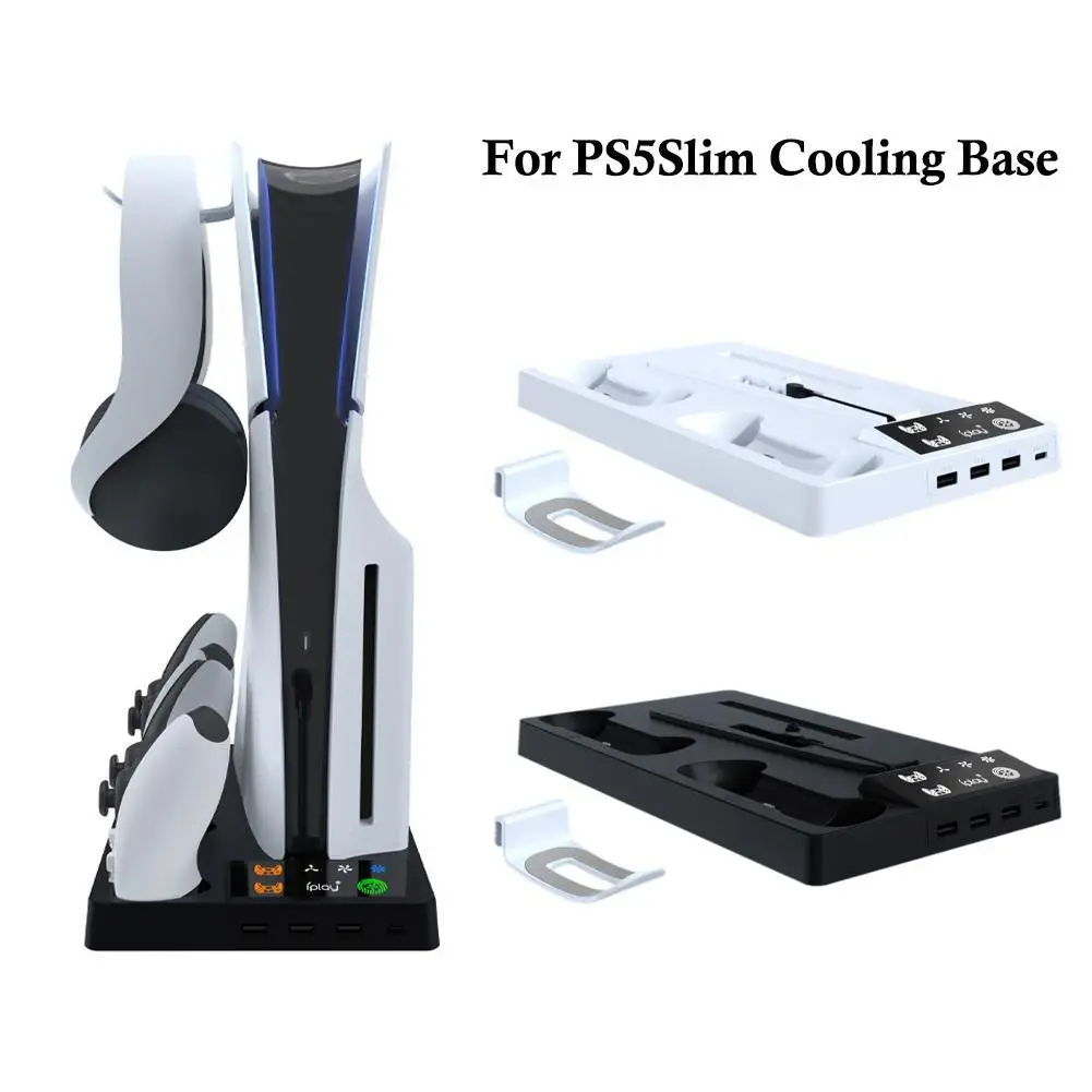 

Stand with Cooling Fan for PS5 Slim Disc/Digital Accessory Dual Controller Charging Station 3 Charging Ports Headset Holder