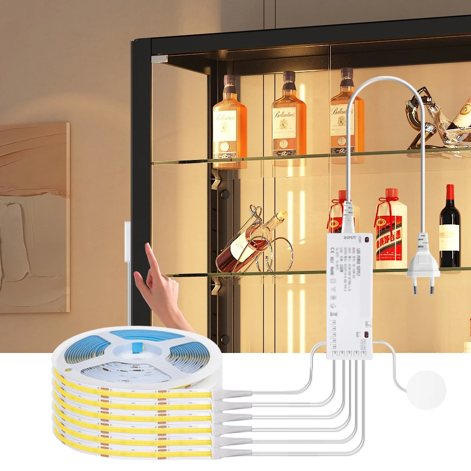 

Dimmable 12V COB LED Strip Light 1m-5m with Penetrable Wood Touch Switch for Kitchen Cabinets Shelves and Wardrobes Lighting
